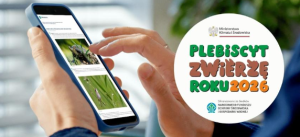 Grafika promocyjna plebiscytu z logotypami organizatorów, motyw telefonu w dłoniach osoby oglądającej zdjęcia zwierząt.