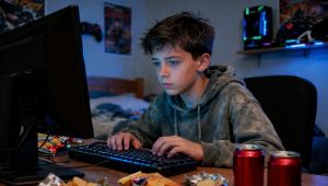 Chłopiec wpatrzony w ekran komputera. Na biurku puste opakowania po chipsach i puszki po napojach.