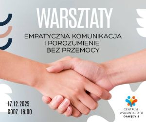 Plakat informacyjny warsztatów z motywem uścisku dłoni.