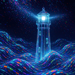 Cyfrowa Latarnia morska na środku wzburzonego cyfrowego morza.