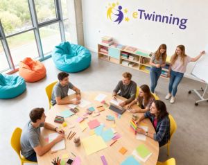 Młodzież przy okrągłym stole z kolorowymi kartkami i flipcharcie.