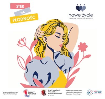 Grafika promująca akcję z grafiką młodej kobiety wśród kwiatów, zawiera logotypy organizatorów.