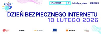 Plakat promocyjny z motywem robocika oraz logotypami organizatorów.