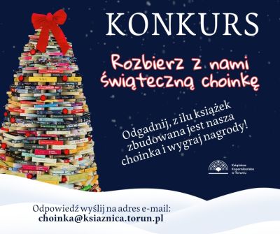 Plakat promujący konkurs z choinką ułożoną z książek i logo Biblioteki.