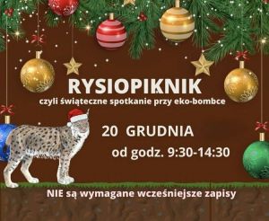 Ryś z czapką mikołaja na głowie na plakacie informacyjnym Rysiopikniku.