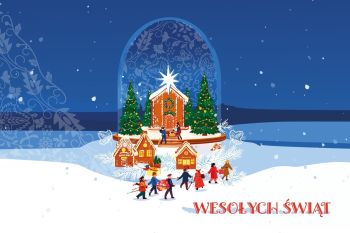 Zimowa kartka świąteczna z oświetlonymi domkami oraz kościołem, do którego idą ludzie.