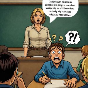 Scenka komiksu: Nauczycielka dyktuje tekst pełen pułapek ortograficznych. Uczeń ma przerażoną minę.