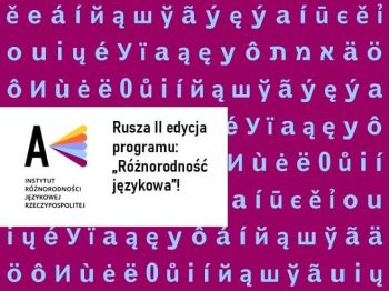 Grafika z nazwą programu, literami oraz znakami diakrytycznymi różnych języków i logo IRJRP.