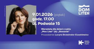 Portret kobiety na plakacie informacyjnym spotkania warsztatowego z logo Domu Liter i MCK.