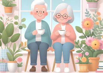 Uśmiechnięci starsza kobieta i mężczyzna siedzą w pokoju wśród kwiatów z filiżankami.