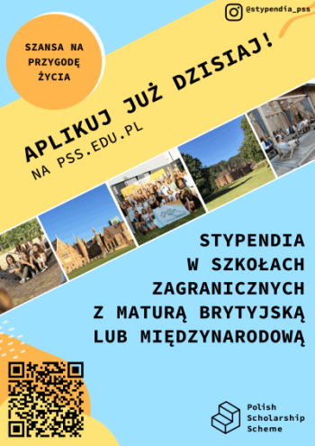 Plakat informacyjny o stypendiach ze zdjęciami uczniów i miast europejskich i hasłem Szansa na przygodę życia.