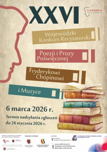 Plakat z motywem książek oraz logotypami organizatorów i patronów konkursu.