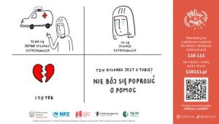 Grafika Telefonu zaufania z rysunkami opisującymi niepokojące sygnały, po których warto zwrócić się po pomoc.