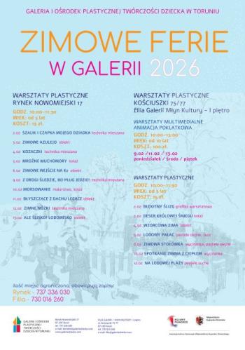 Szczegółowy plakat ferii zimowych w GiOTPD z motywem dzieci bawiących się na śniegu.