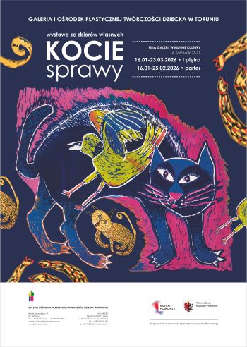 Plakat wydarzenia z motywem kota, ptaszka i tygrysa z konkursowych prac plastycznych, logotypy organizatorów.