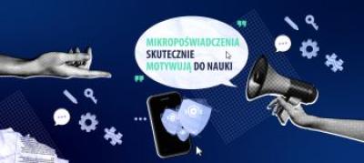 Grafika "Mikropoświadczenia skutecznie motywują do nauki", z motywami dłoni, megafonu, telefonu, zębatek, klucza, puzzla.