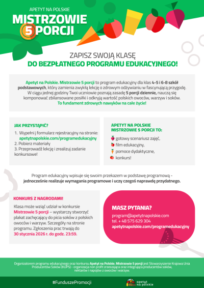Ulotka programu edukacyjnego „Apetyt na Polskie. Mistrzowie 5 porcji”.