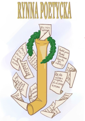 Logo konkursu z motywem złotej rynny w której są gałązki liści laurowych, wkoło zapisane arkusze papieru.