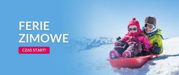 Dwoje dzieci zjeżdża z góry na sankach. Napis: Ferie zimowe. Czas start!