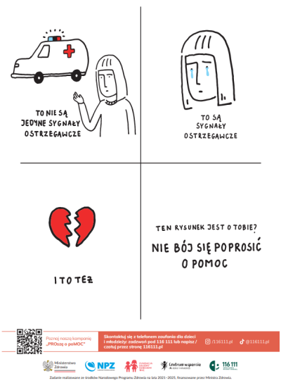 Grafika z rysunkami opisującymi sygnały, po których warto zwrócić się po pomoc, kod qr i logotypy.