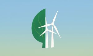 Plakat z motywem liścia i turbiny wiatrowej.