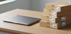 Laptop na stoliku i cztery opakowania z nierozpakowanym komputerowym sprzętem przenośnym.