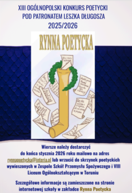 Plakat z informacjami o konkursie z jego logo z motywem złotej rynny i zapisanych kartek.