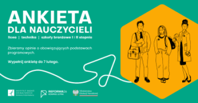 Grafika informacyjna o ankiecie z motywem uśmiechniętych nauczycieli i uczennicy oraz logotypami organizatorów.