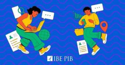 Grafika wektorowa z nastolatkami w stanie nieważkości, tworzącymi na laptopie i smarftonie, wokół ikony dokumentów.