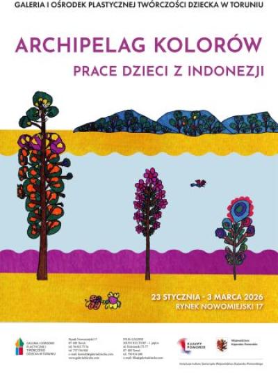 Plakat wystawy Archipelag kolorów - prace dzieci z Indonezji z kolorowym krajobrazem z drzewami.
