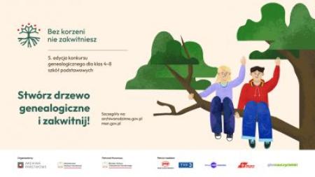 Plakat promujący konkurs z motywem dzieci siedzących na drzewie i logotypami organizatorów.