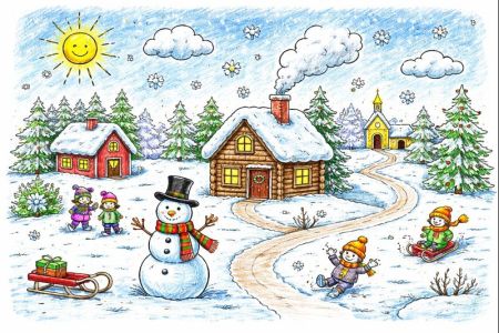 Zimowa grafika z bawiącymi się na śniegu dziećmi, wkoło drzewa, domki, bałwanek i słońce.