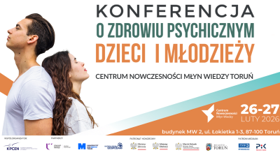 Grafika promująca wydarzenie z dwojgiem nastolatków opartych o siebie plecami i logotypami organizatorów.