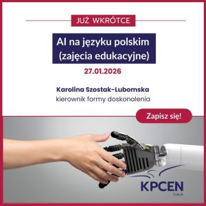 Dłoń człowieka i androida dążą do uścisku na plakacie szkolenia pt. "AI na języku polskim".