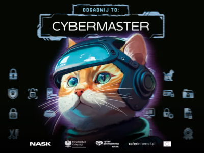 Grafika promująca grę, Odgadnij to: Cybermaster, z motywem kota w goglach do gier, logotypy organizatorów.