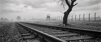 Czarno-biały widok na tory i ogrodzenie z drutem kolczastym i wieżyczkę strażniczą obozu.