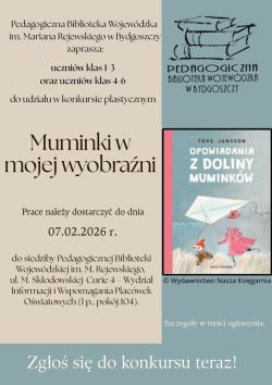 Informacyjny plakat konkursu „Muminki w mojej wyobraźni” z okładką książki i logo PBW.