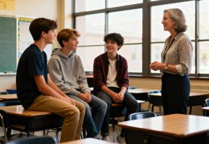 Trzech nastolatków w klasie z nauczycielką.