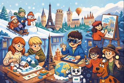 Kolorowa grafika z dziećmi spędzającymi artystycznie i aktywnie czas, w tle budowle z różnych stron świata.