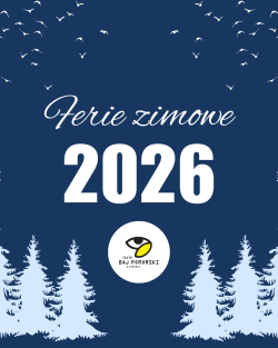Grafika promująca ferie zimowe w teatrze, z motywem białych choinek i ptaków na tle granatowego nieba.