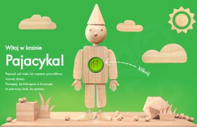 Zrzut ekranu strony www.pajacyk.pl z uśmiechniętym drewnianym pajacykiem.