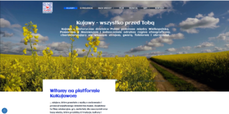 Zrzut ekranu strony kukujawom.com z polem rzepaku jako motywem przewodnim strony głównej.
