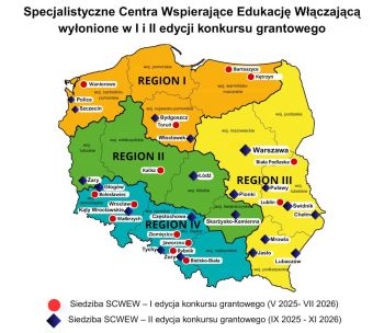Mapa Polski z zaznaczonymi Specjalistycznymi Centrami Wspierającymi Edukację Włączającą.