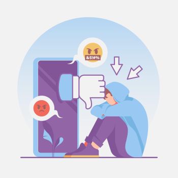 Grafika z chłopcem siedzącym przed dużym smartfonem, z którego wyskakują ikony oznaczające hejt.