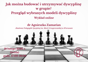 Plakat promujący wykład z motywem szachownicy z samymi czarnymi pionkami.