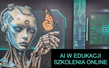Android z motylem na dłoni. Napis: AI - szkolenia online.