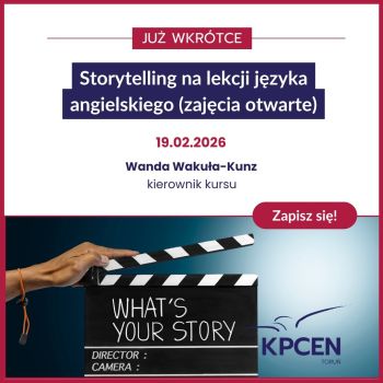 Baner zajęć otwartych w KPCEN w Toruniu z motywem klapsa filmowego.