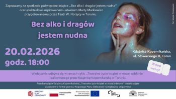 Plakat promujący spotkanie z wizerunkiem głowy kobiety o zamkniętych oczach, pomalowanej fioletowym brokatem.