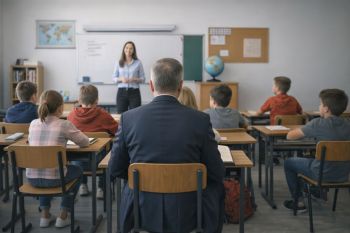 Dyrektor z ostatniej ławki w klasie obserwuje lekcję prowadzoną przez młodą nauczycielkę.