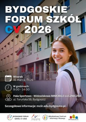 Dziewczyna przed szkołą na plakacie Bydgoskiego Forum Szkół